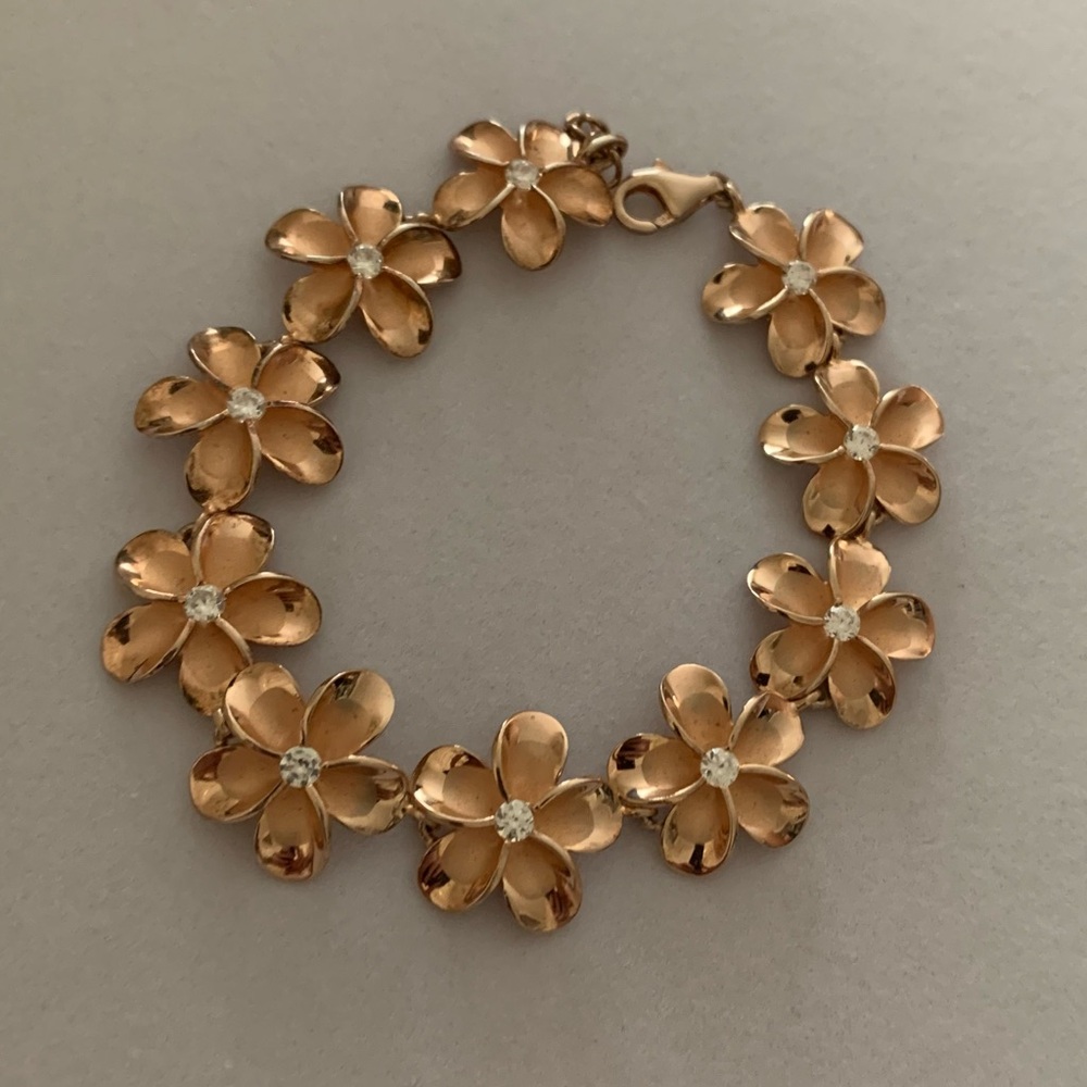 925 Sterling Silver Rose Gold/Copper Tone Floral Chunky Statement Bracelet 7.5”+